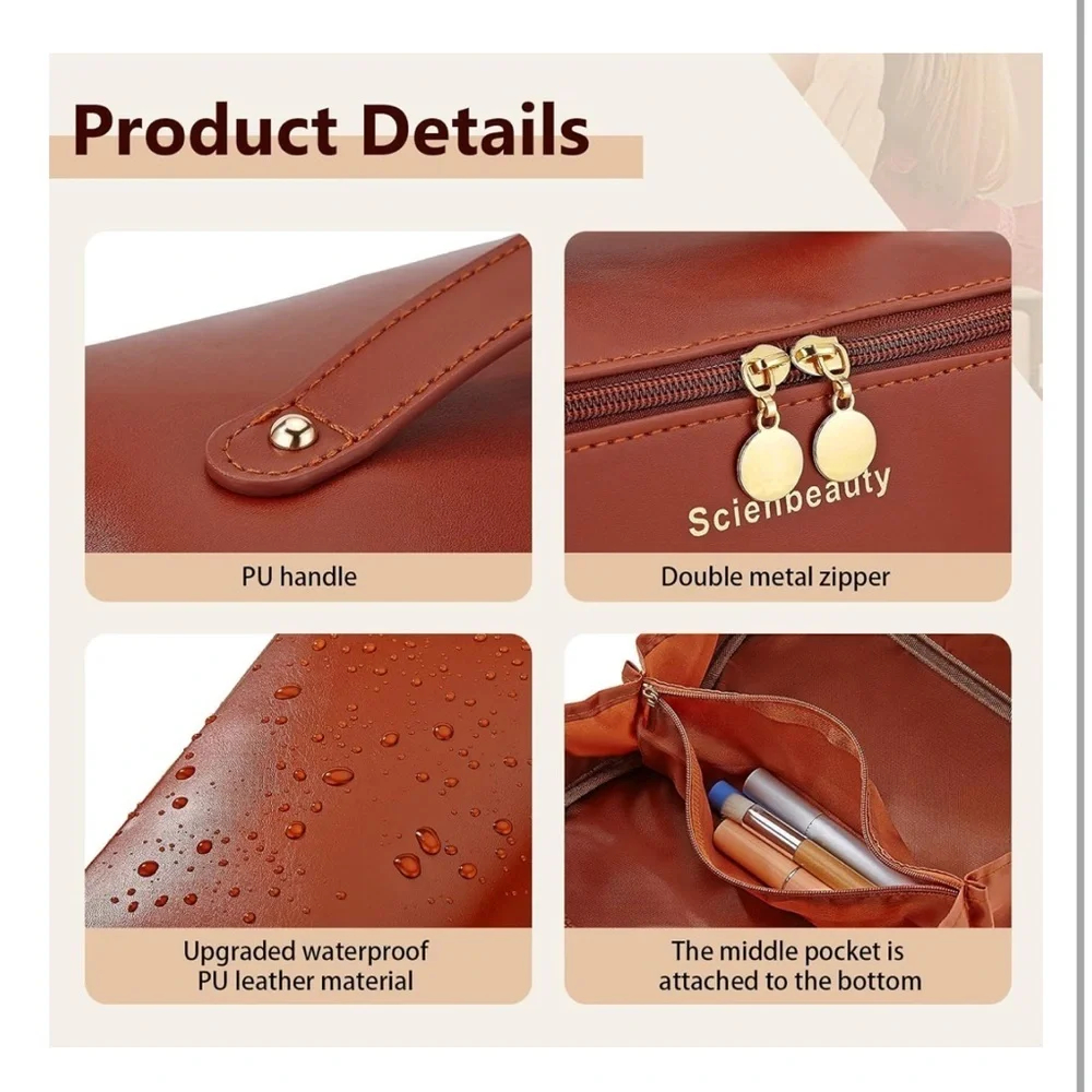 Scienbeauty Large Travel Makeup Bag Brown Vegan Leather Open Flat Cosmetic Case